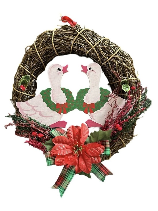 Vintage Other - Vintage Christmas Goose Wreath 9” Twig Country Geese Poinsettia Cottagecore Vtg